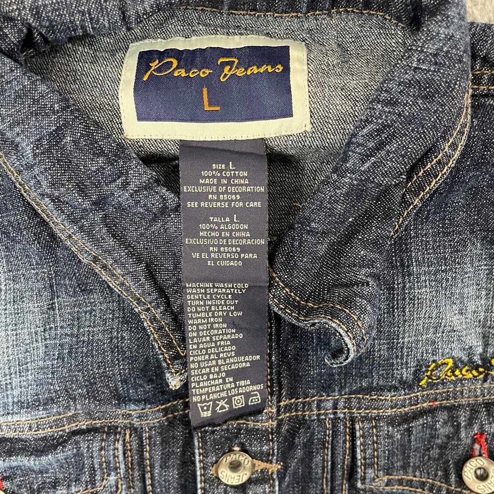 Paco Jeans Dragon Embroidered Demim Jacket Women L Dark Wash Y2K - Picture 5 of 11